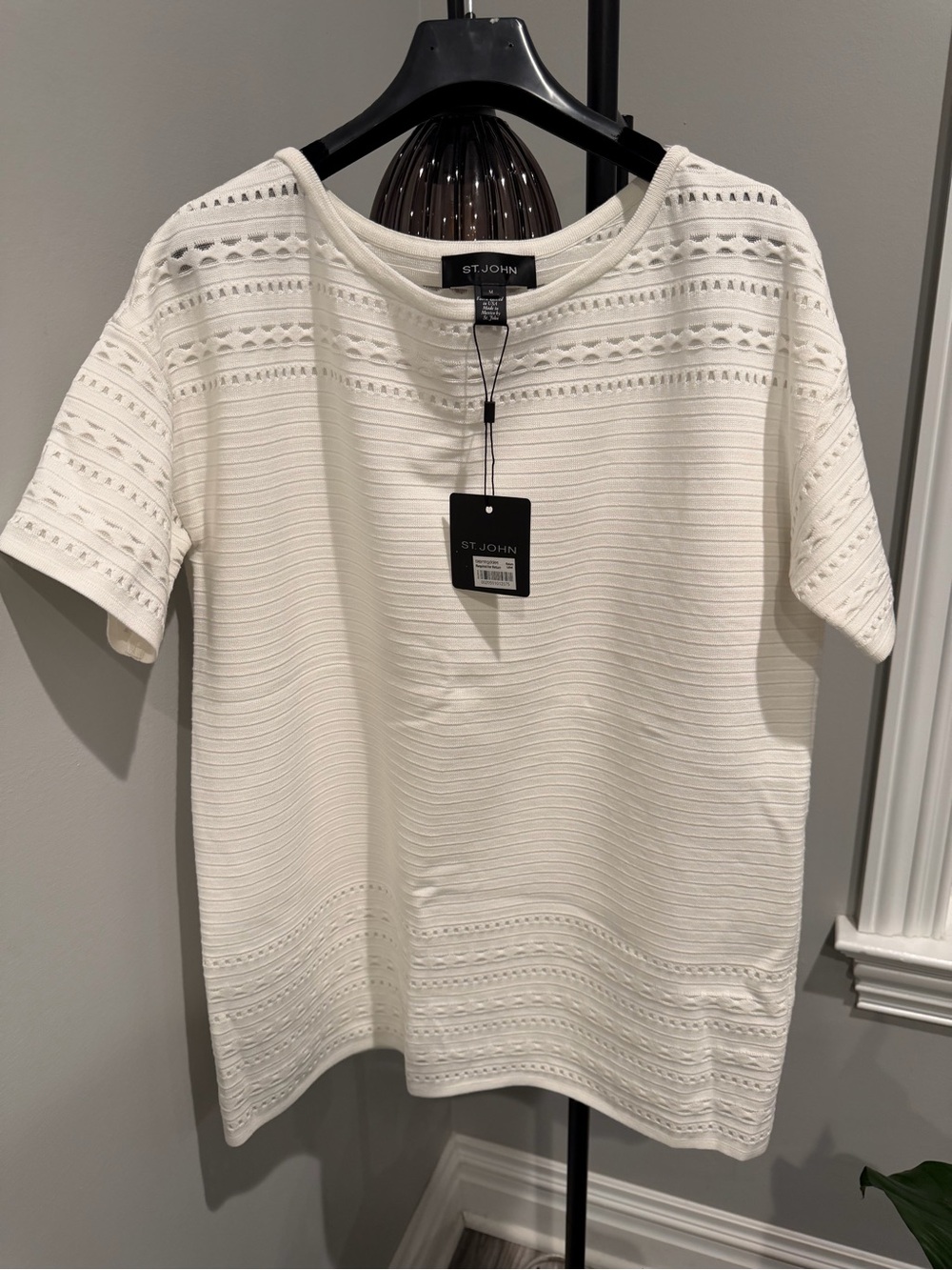 St. John Cream Eyelet Ribbed Knit Short Sleeve Top